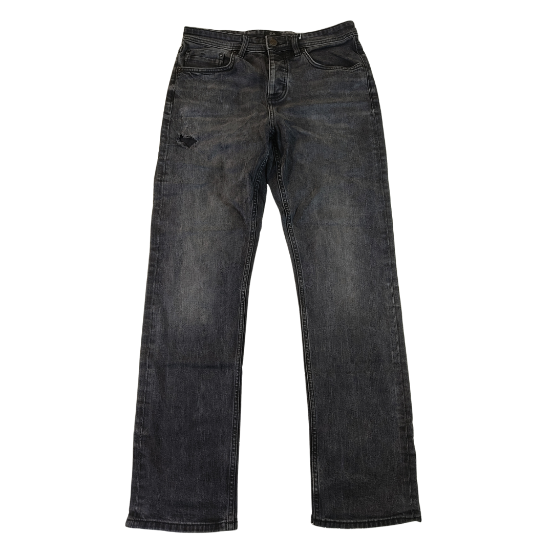 Medium - River Island Black Wash Ripped Straight Leg Mens Jeans