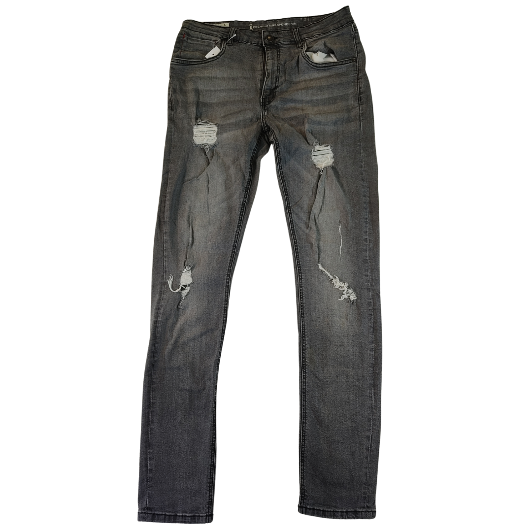 Large - Denim Grey Ripped Stretchy Skinny Mens Jeans